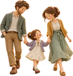 A parent, a child and another parent holding hands on a small clay planet